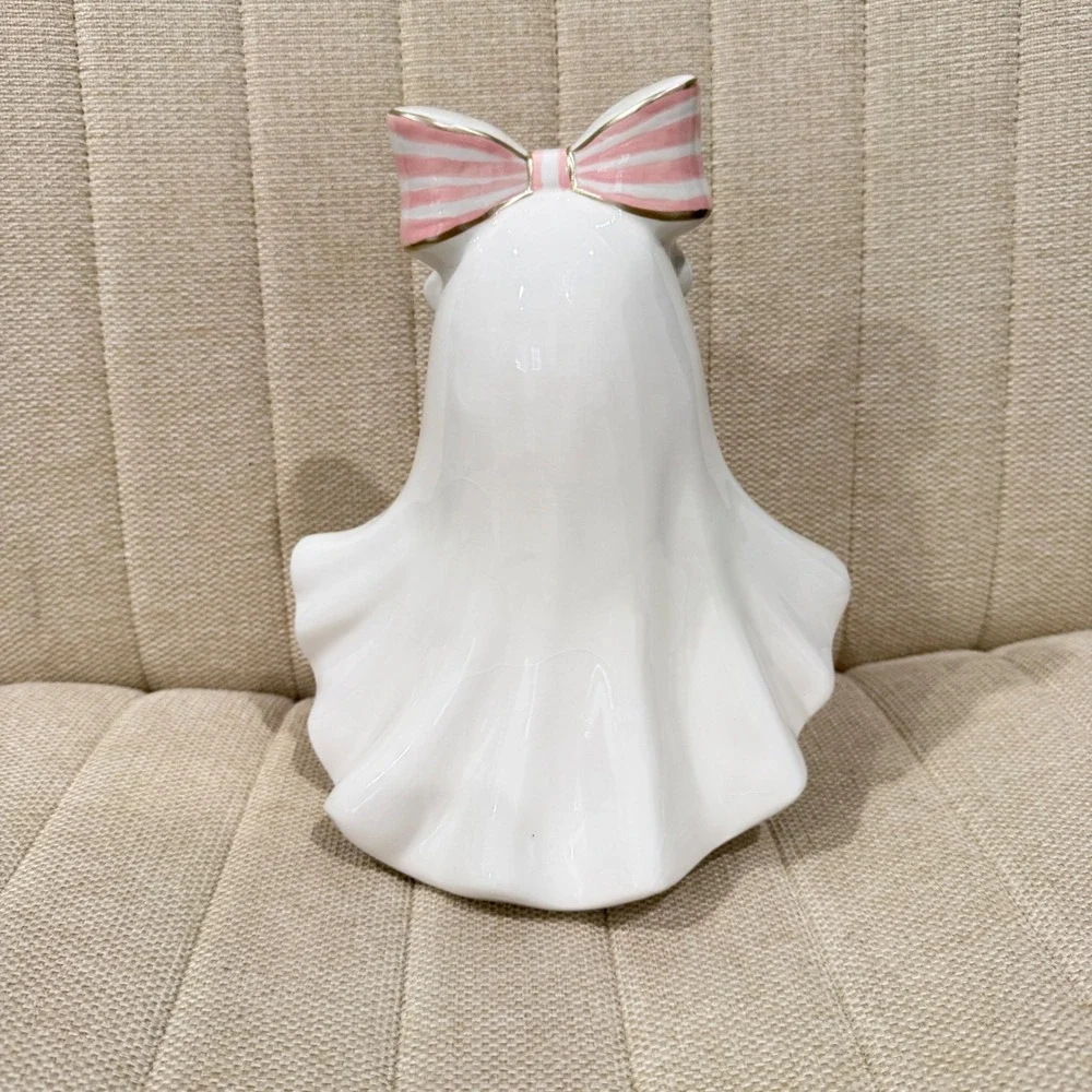 NWT LED Spooky Hollow Ghost Halloween Figurine Ceramic Light Up Stripe Bow Decor